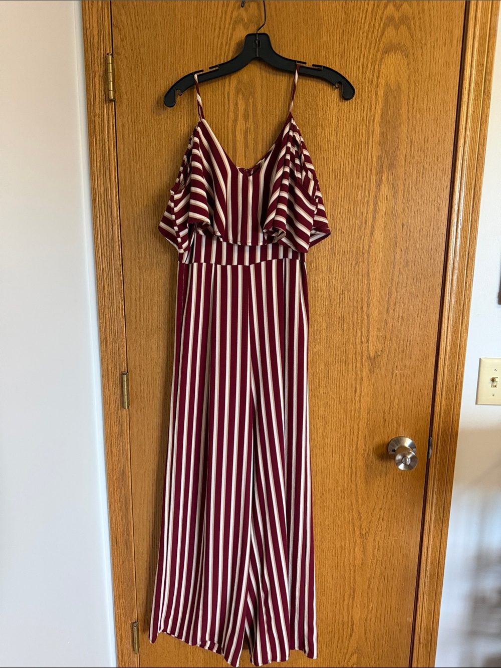 Charlotte Russe Burgundy & White Striped Ruffle Jumpsuit